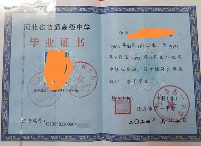 涿州任丘市第一中学高中毕业证样本图片